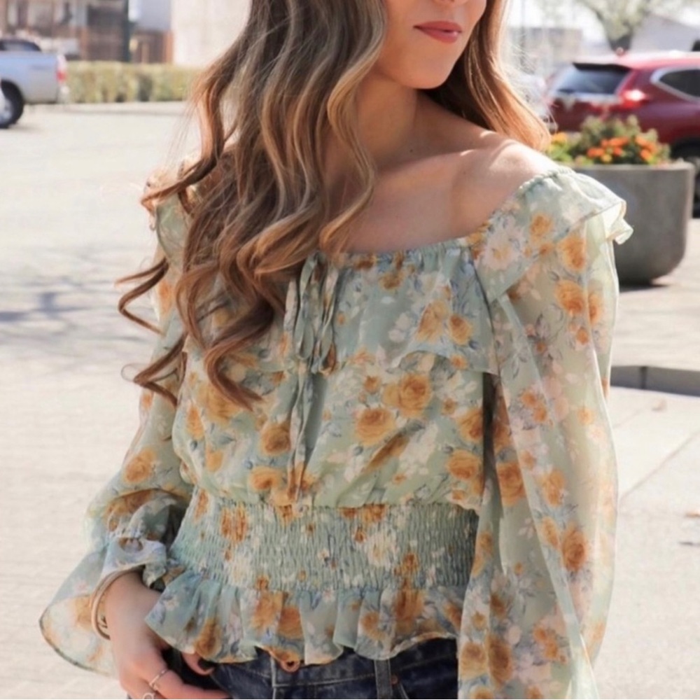 Peasant Prairie Floral Print Smocked Waist Ruffle Blouse Top Women’s Sizes NWT